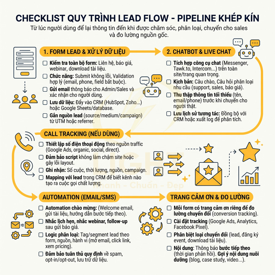 Checklist quy trình lead flow pipeline khép kín với các bước form lead chatbot call tracking automation đo lường