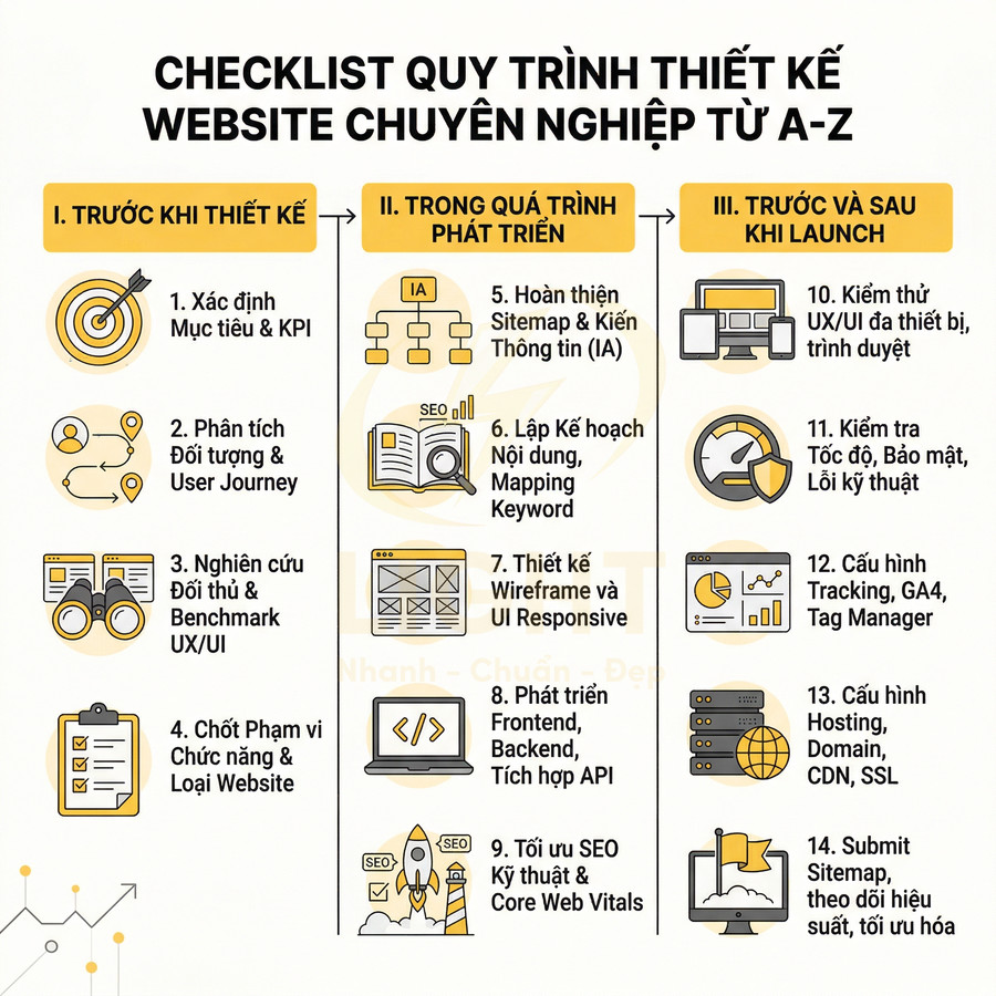 Checklist quy trình thiết kế website chuyên nghiệp từ A-Z với 14 bước chi tiết trước và sau khi launch