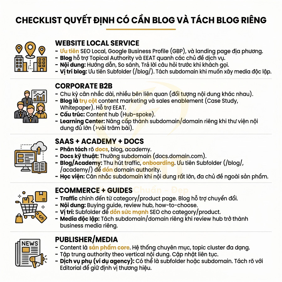 Checklist quyết định có cần blog riêng cho website, hướng dẫn tách blog theo từng loại hình kinh doanh
