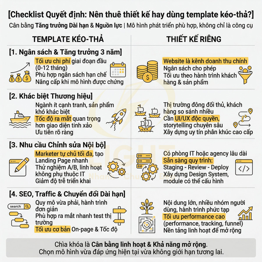 Checklist so sánh dùng template kéo thả và thiết kế website riêng theo ngân sách, thương hiệu, chỉnh sửa, SEO