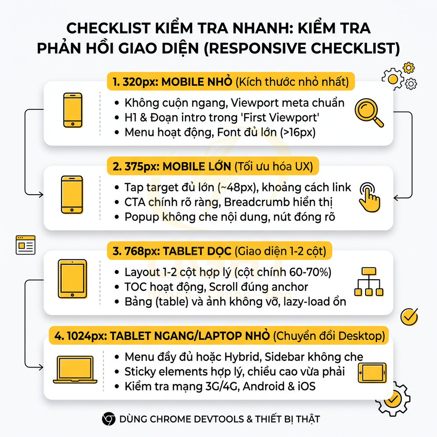 Checklist responsive kiểm tra nhanh giao diện web cho mobile, tablet, laptop với các kích thước màn hình phổ biến