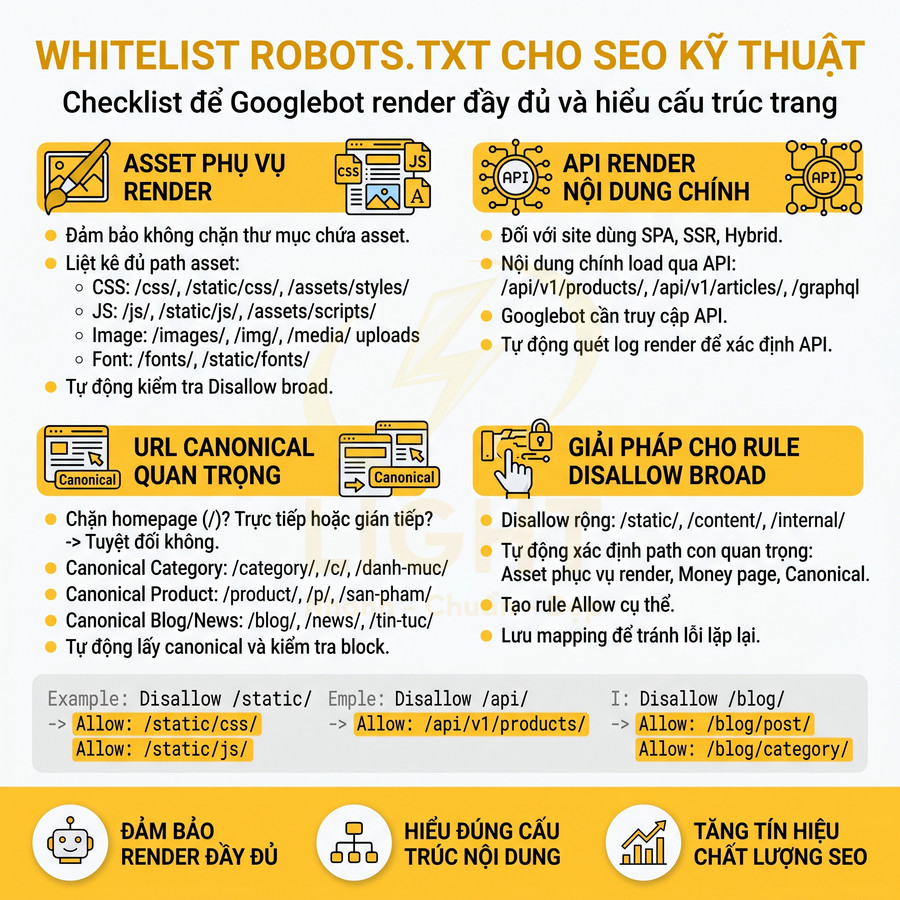 Checklist rule whitelist Googlebot render và canonical tối ưu SEO, hướng dẫn cấu hình robots.txt và URL canonical