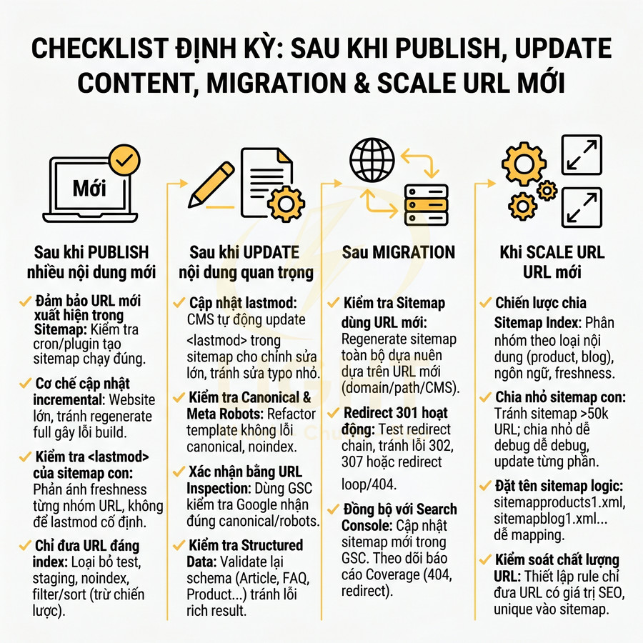 Checklist định kỳ SEO sau khi publish, update nội dung, migration và scale URL mới với các bước kiểm tra sitemap