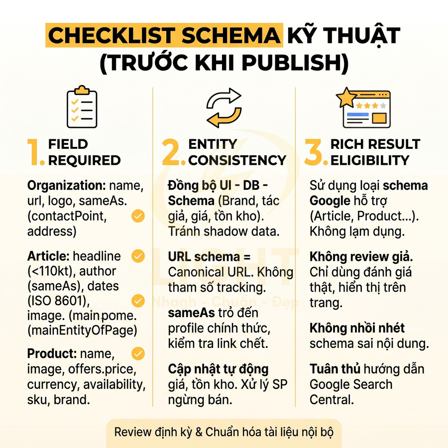 Checklist schema kỹ thuật trước khi publish với các bước field required, entity consistency, rich result eligibility