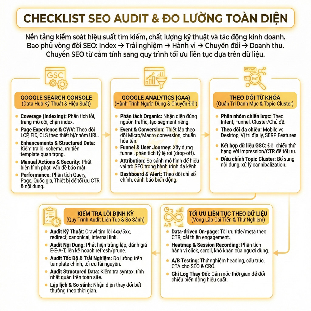 Checklist SEO audit và đo lường toàn diện với các bước kiểm tra GSC, GA4, từ khóa và tối ưu liên tục