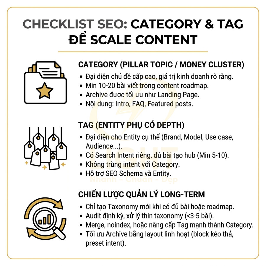 Checklist SEO hướng dẫn tối ưu Category và Tag để scale content và quản lý taxonomy long term
