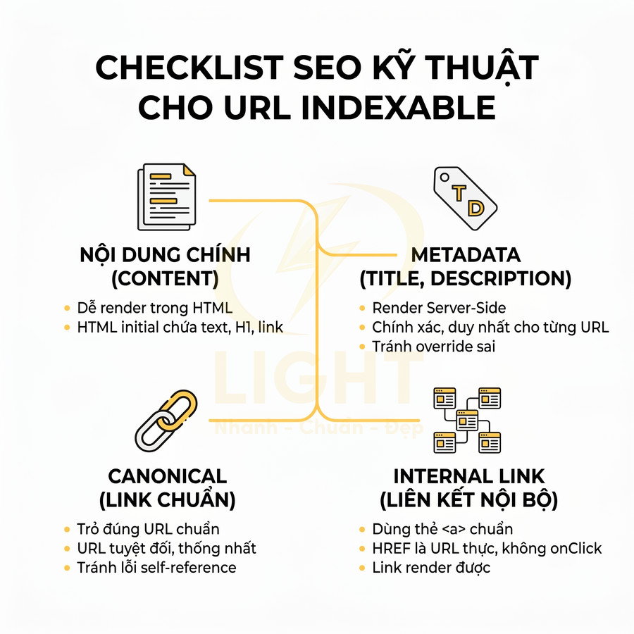 Checklist SEO kỹ thuật cho URL indexable với nội dung chính, metadata, canonical và internal link