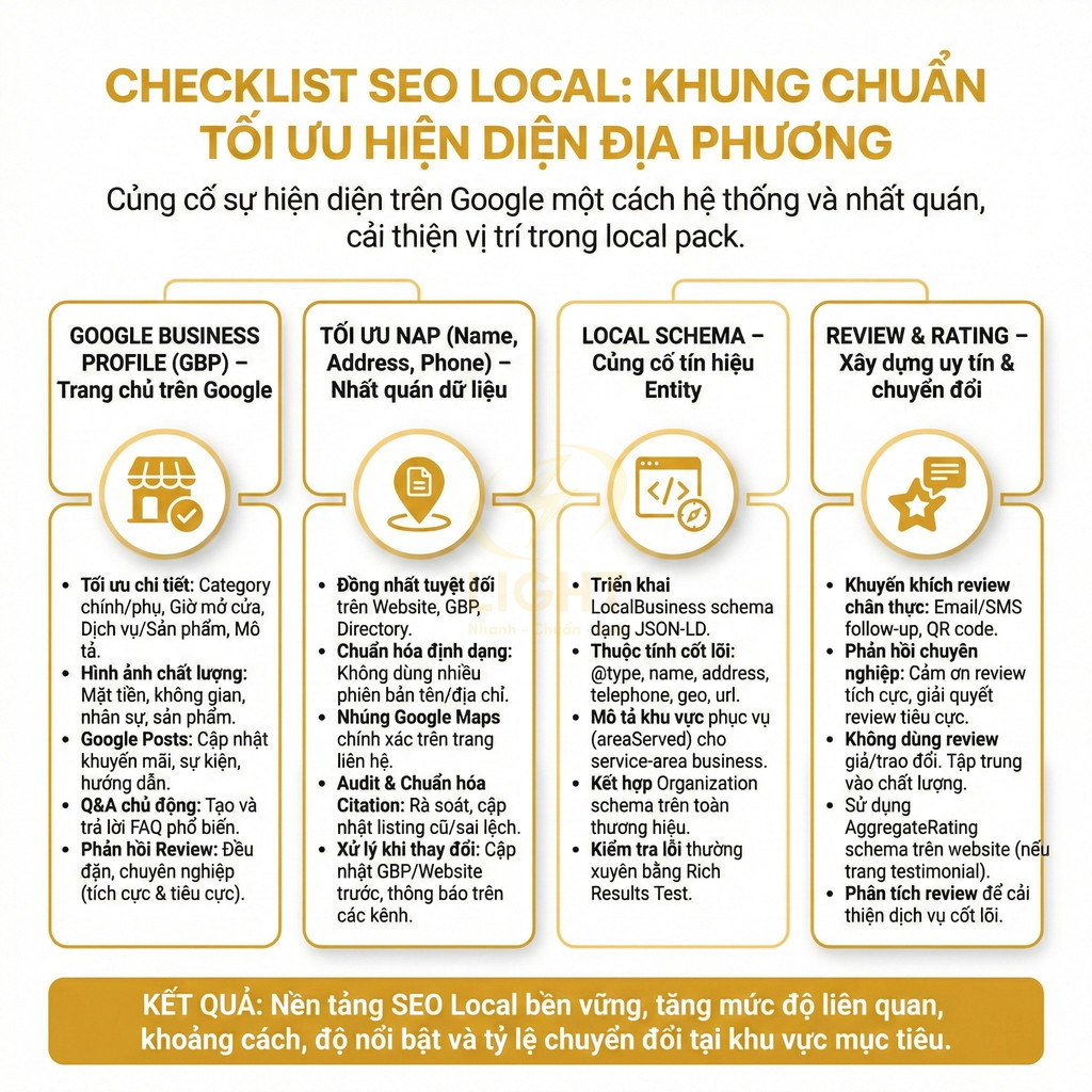 Checklist SEO Local khung chuẩn tối ưu hiện diện địa phương với 4 bước tối ưu Google Business Profile, NAP, schema và review