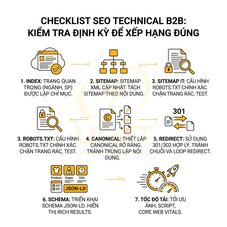 Checklist SEO technical B2B với 7 bước tối ưu index, sitemap, robots.txt, canonical, redirect, schema và tốc độ tải trang
