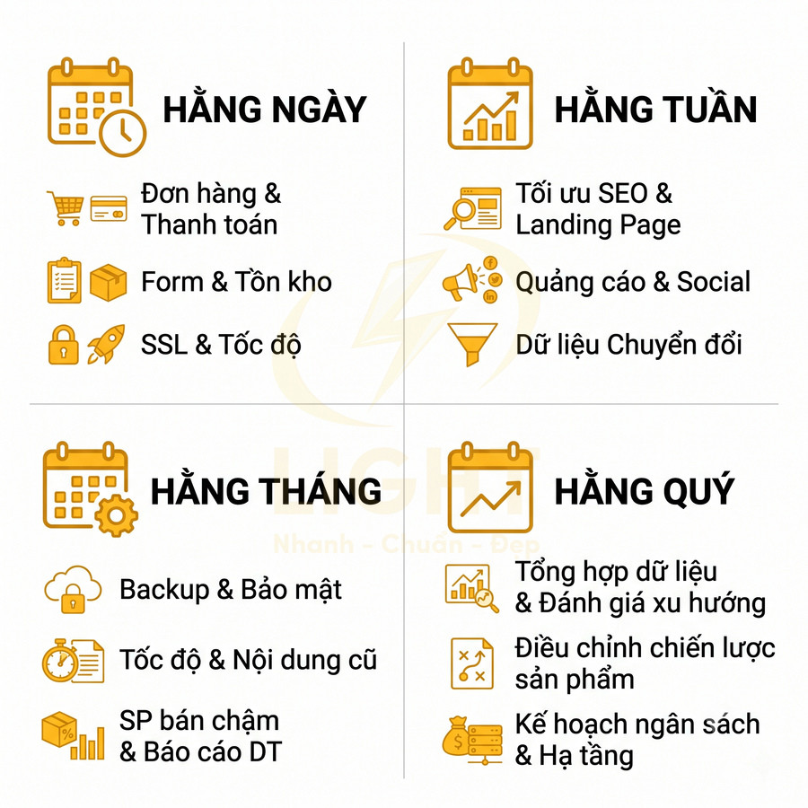 Lịch checklist tối ưu và bảo trì website theo ngày tuần tháng quý với các hạng mục SEO bảo mật và chiến lược kinh doanh