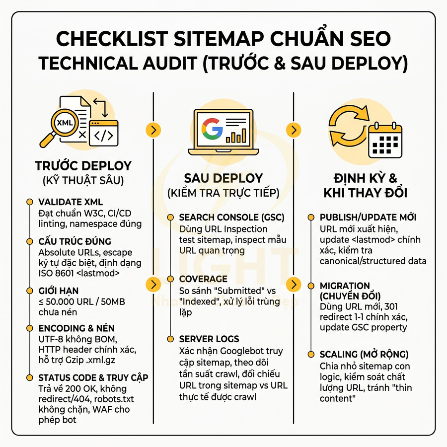 Checklist sitemap chuẩn SEO technical audit trước và sau deploy với các bước kiểm tra XML, Search Console và cập nhật định kỳ