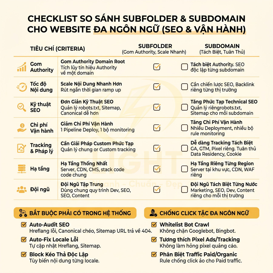 Checklist so sánh subfolder và subdomain cho website đa ngôn ngữ về SEO và vận hành