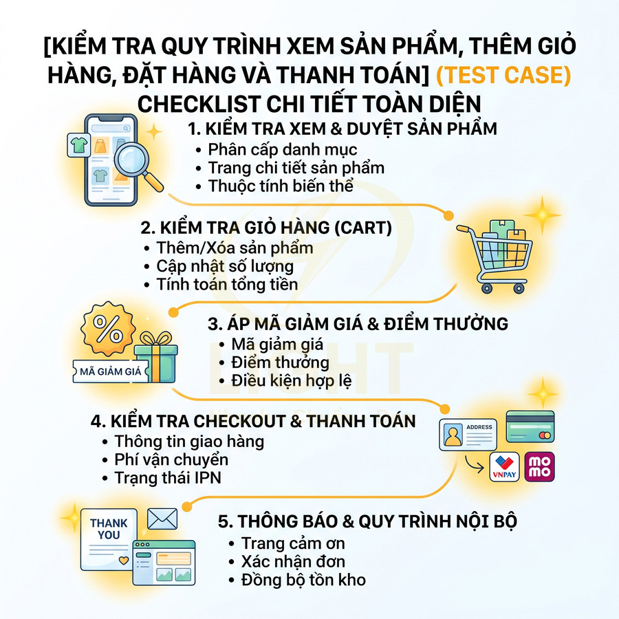 Checklist kiểm tra quy trình xem sản phẩm, giỏ hàng, áp mã giảm giá và thanh toán cho website thương mại điện tử