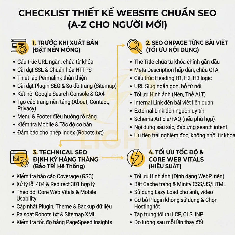 Checklist thiết kế website chuẩn SEO A-Z cho người mới với 4 bước tối ưu onpage và technical SEO