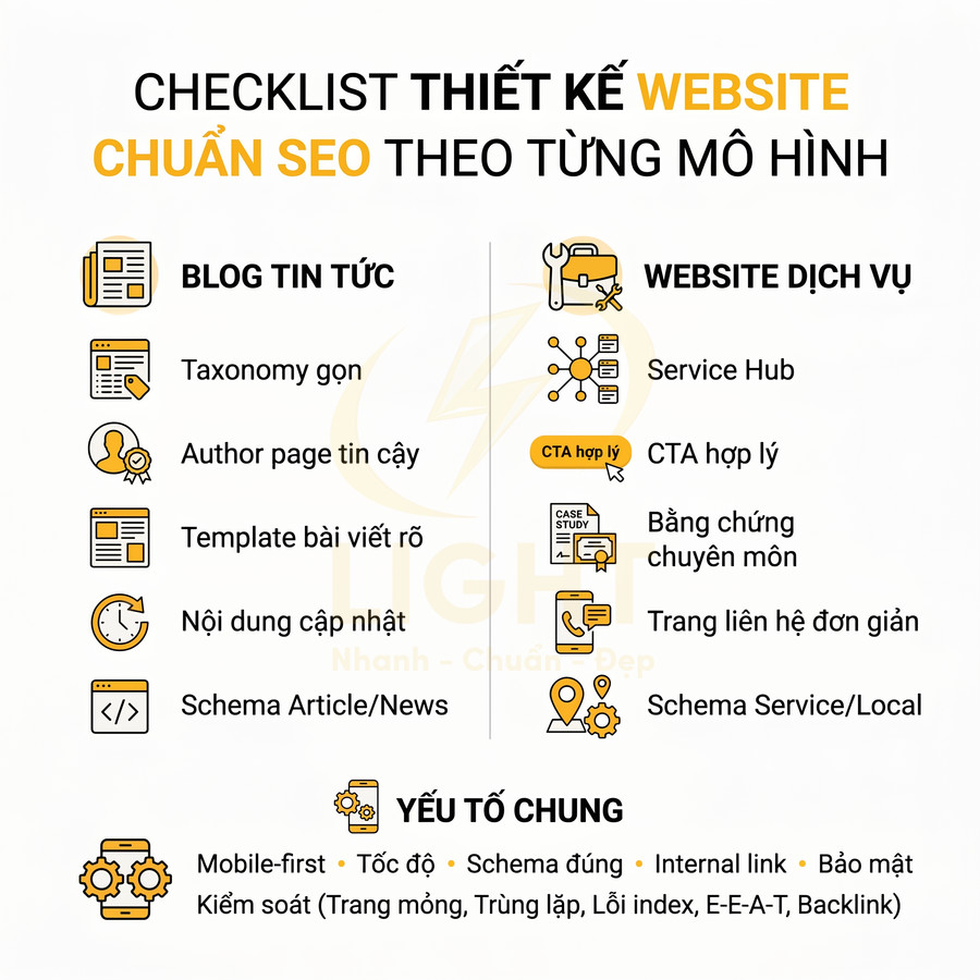 Checklist thiết kế website chuẩn SEO cho blog tin tức và website dịch vụ với các yếu tố tối ưu chung