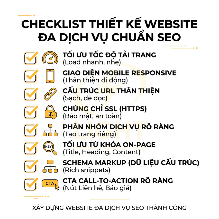 Checklist thiết kế website đa dịch vụ chuẩn SEO với các tiêu chí tối ưu tốc độ, mobile, URL, SSL, từ khóa và CTA