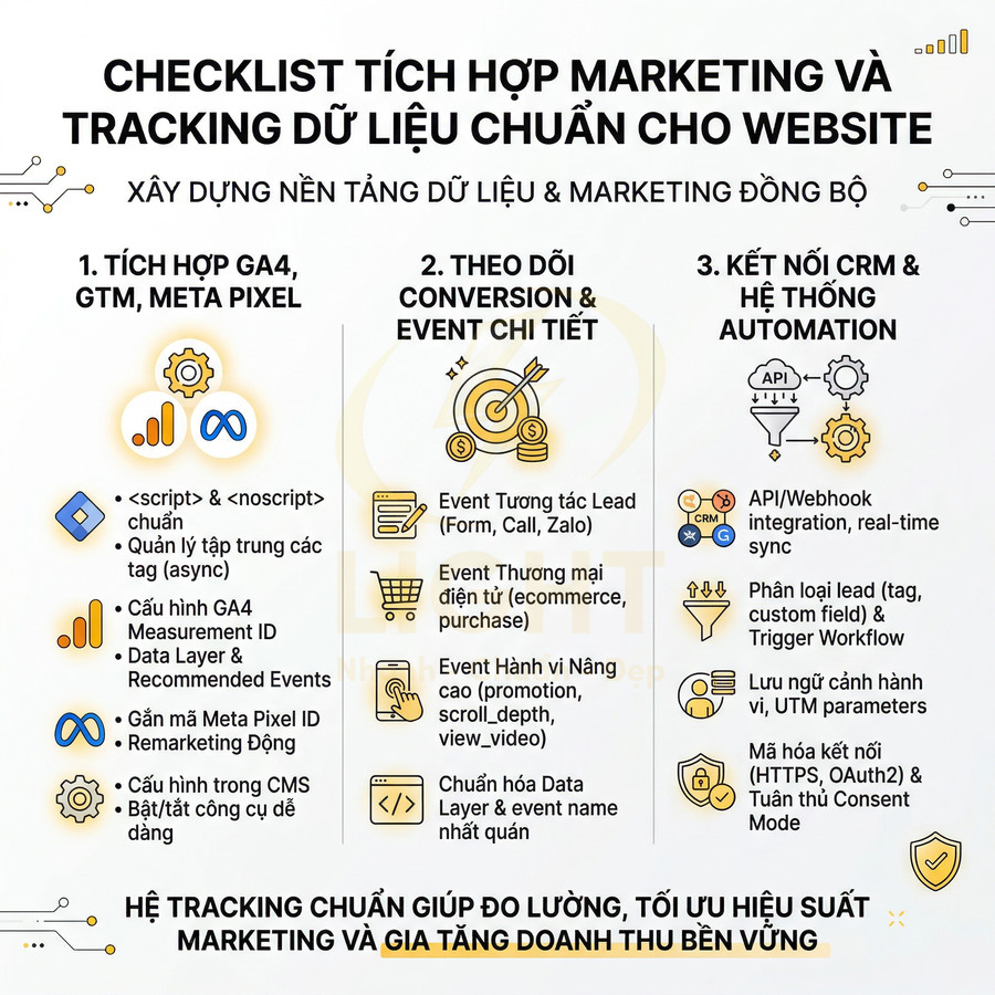 Checklist tích hợp marketing và tracking dữ liệu chuẩn cho website với GA4, GTM, Meta Pixel, CRM và automation