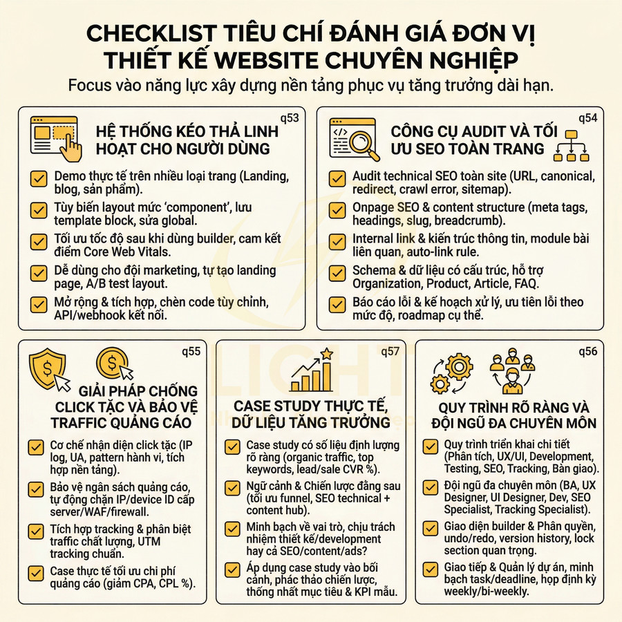 Checklist tiêu chí đánh giá đơn vị thiết kế website chuyên nghiệp với các hạng mục SEO và tối ưu chuyển đổi