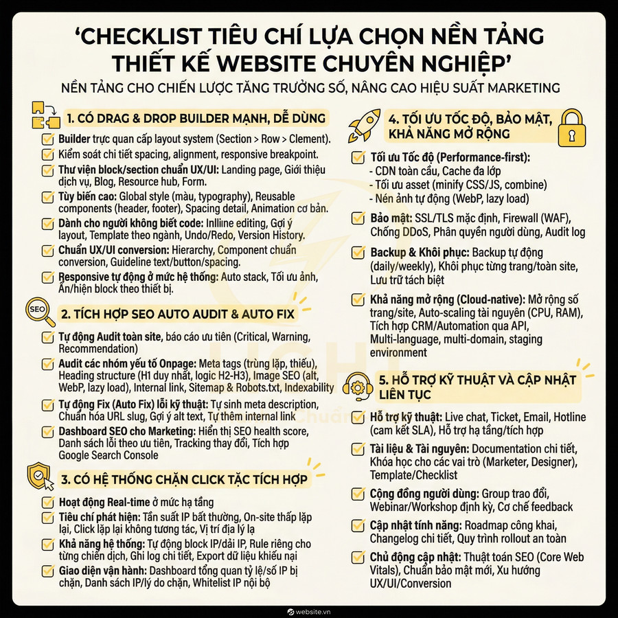 Checklist tiêu chí lựa chọn nền tảng thiết kế website chuyên nghiệp tối ưu SEO tốc độ bảo mật và hỗ trợ kỹ thuật