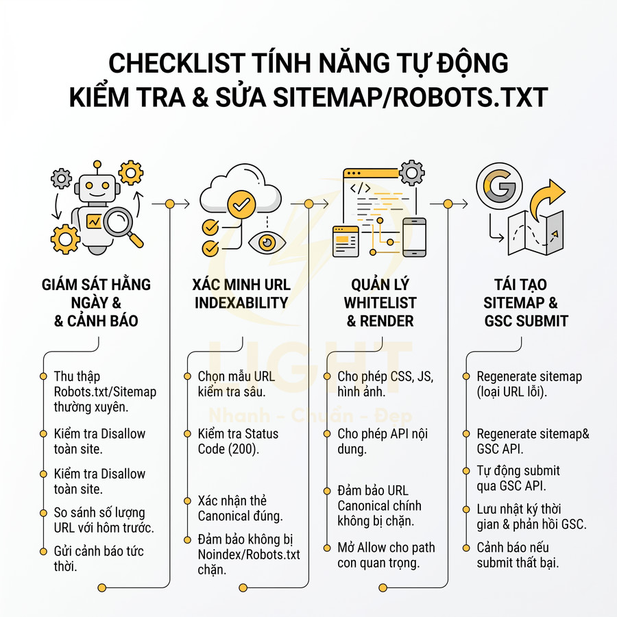 Checklist tính năng tự động kiểm tra và sửa sitemap robots.txt cho tối ưu SEO website