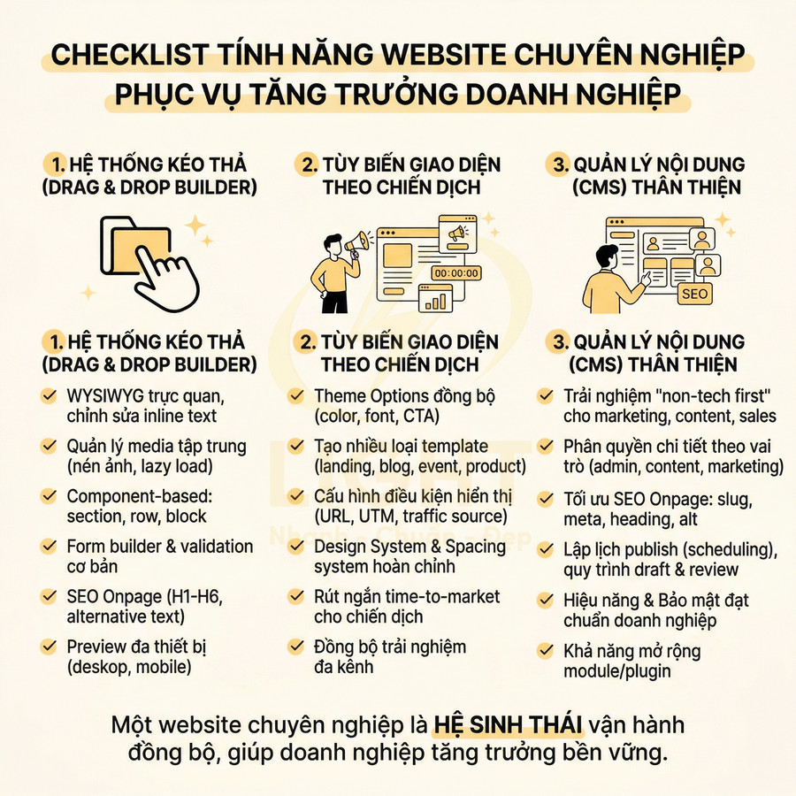 Checklist tính năng website chuyên nghiệp hỗ trợ tăng trưởng doanh nghiệp với kéo thả, tùy biến giao diện và CMS thân thiện