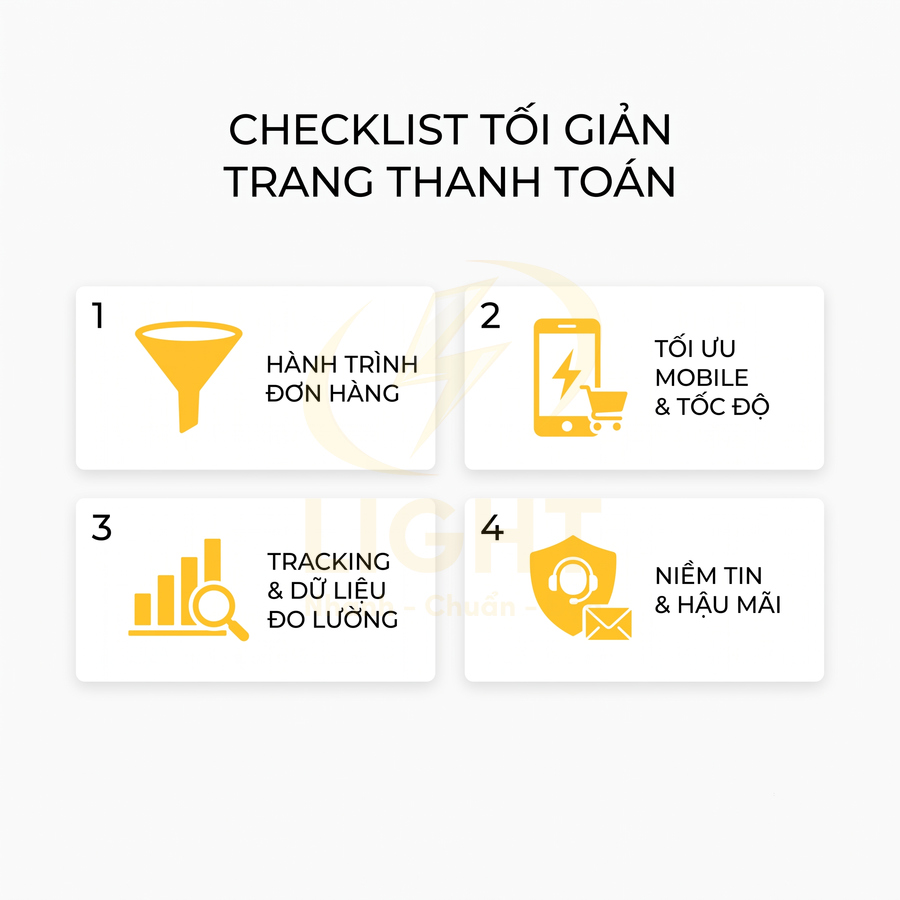 Checklist tối giản trang thanh toán với 4 bước tối ưu hành trình đơn hàng, mobile, tracking dữ liệu và niềm tin hậu mãi