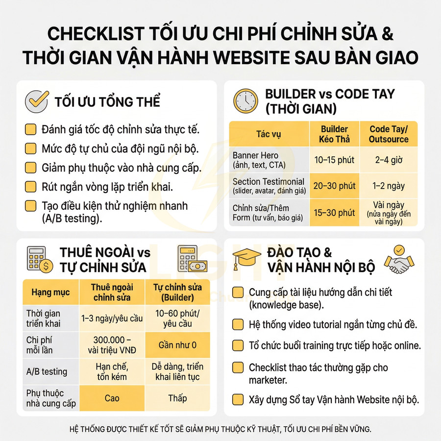 Checklist tối ưu chi phí chỉnh sửa và thời gian vận hành website sau bàn giao bằng builder kéo thả