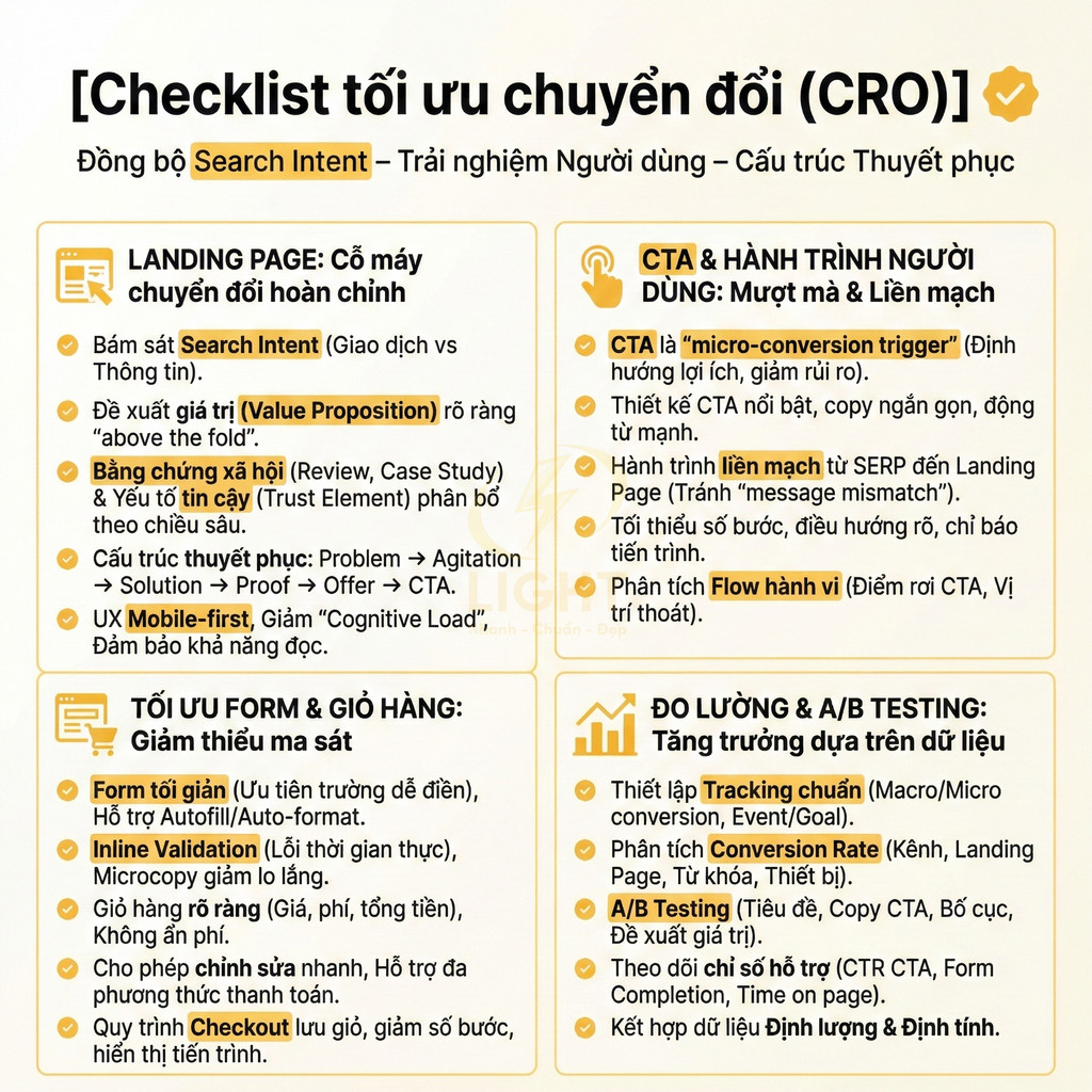 Checklist tối ưu chuyển đổi CRO bằng tiếng Việt với các mục về landing page, CTA, form giỏ hàng và đo lường A/B testing
