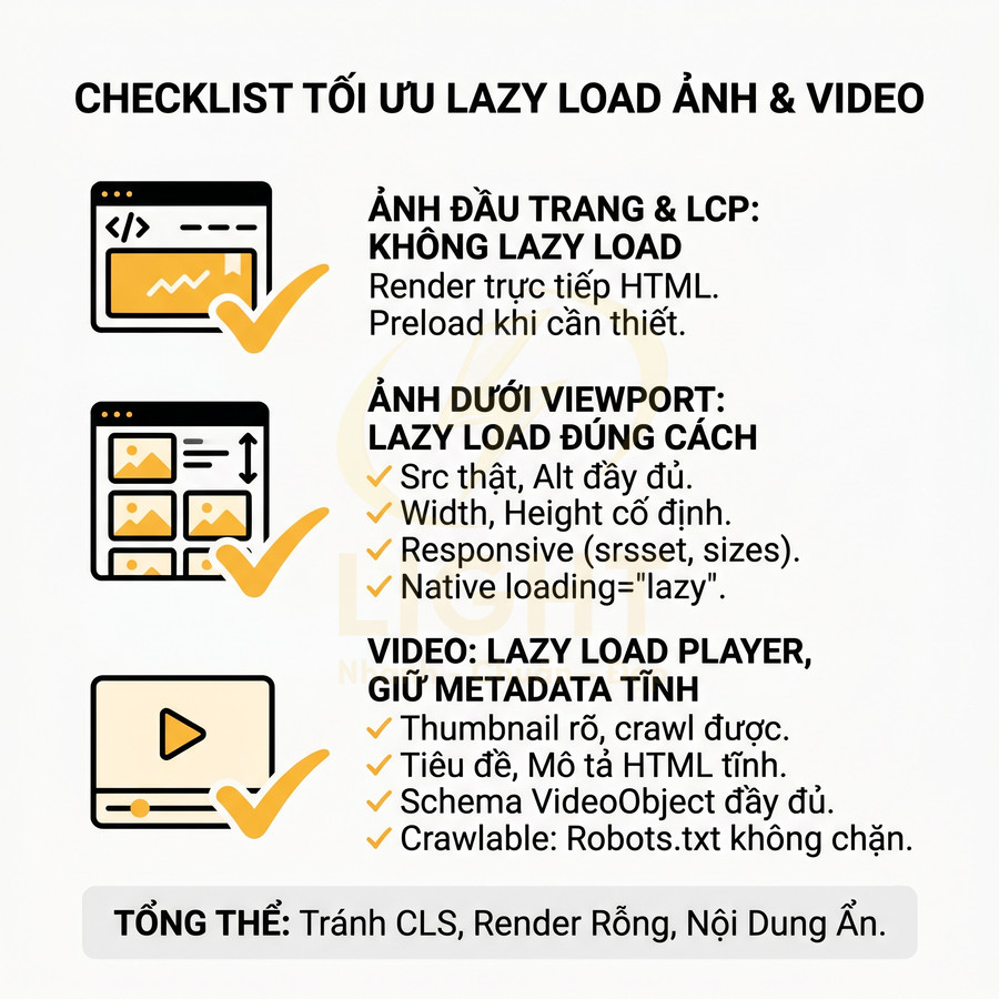 Checklist tối ưu lazy load ảnh và video với hướng dẫn cho ảnh đầu trang, ảnh dưới viewport và video