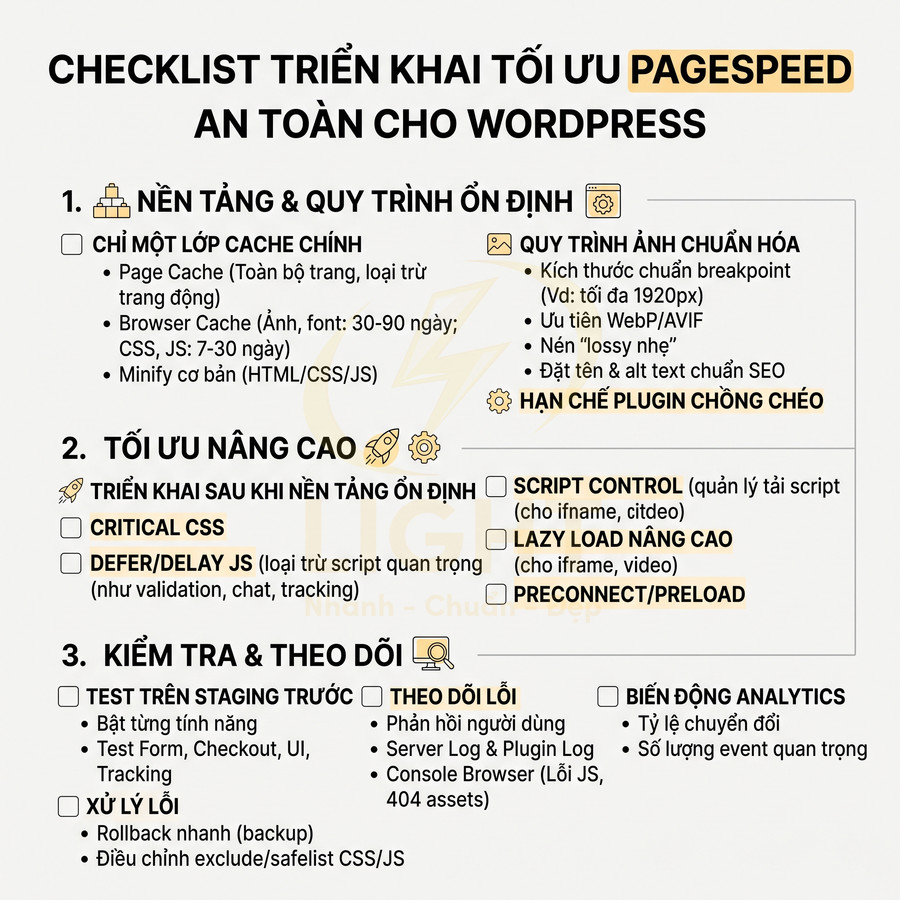 Checklist tối ưu PageSpeed an toàn cho website WordPress với các bước nền tảng, tối ưu nâng cao và kiểm tra theo dõi