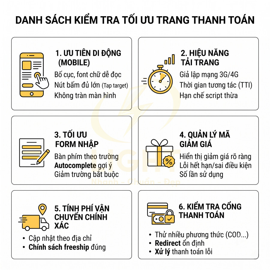 Danh sách 6 bước tối ưu trang thanh toán online với ưu tiên mobile, hiệu năng, form, mã giảm giá, phí ship và cổng thanh toán