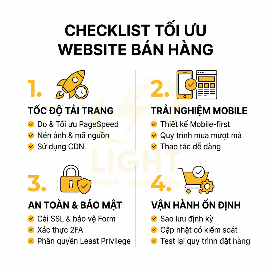 Checklist tối ưu website bán hàng với 4 mục: tốc độ tải trang, trải nghiệm mobile, an toàn bảo mật, vận hành ổn định