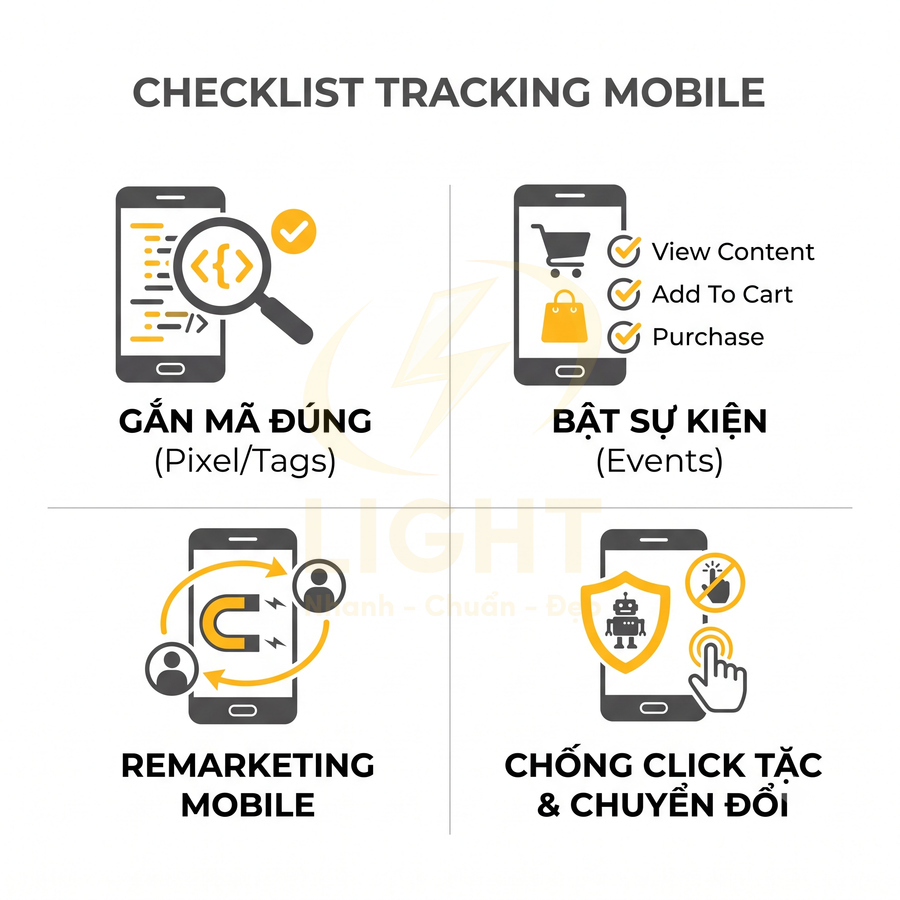 Checklist tracking mobile với các bước gắn mã, bật sự kiện, remarketing và chống click tặc trên điện thoại