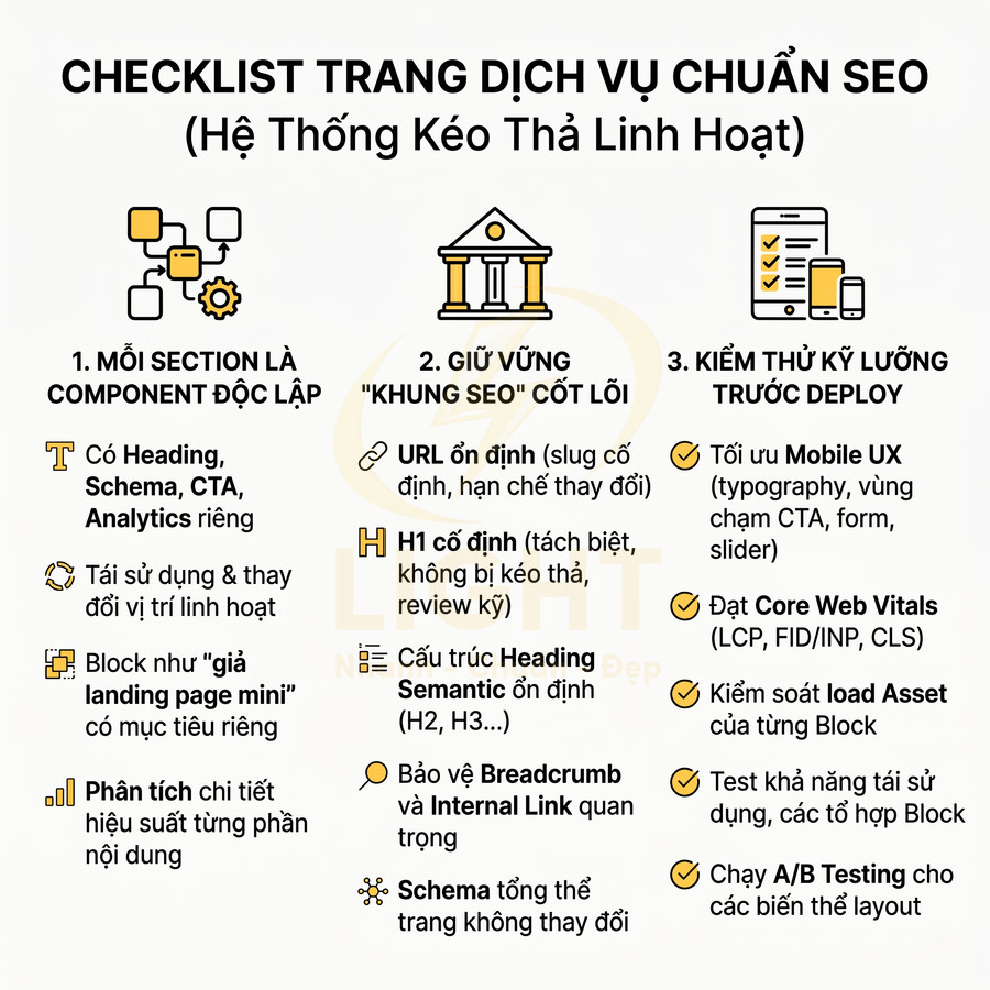 Checklist tối ưu trang dịch vụ chuẩn SEO với 3 bước: cấu trúc section, khung SEO cốt lõi và kiểm thử trước deploy