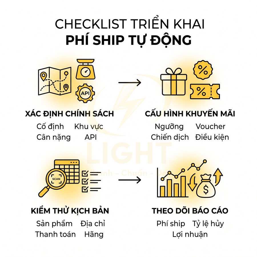 Checklist triển khai phí ship tự động với các bước xác định chính sách, cấu hình khuyến mãi, kiểm thử và theo dõi báo cáo