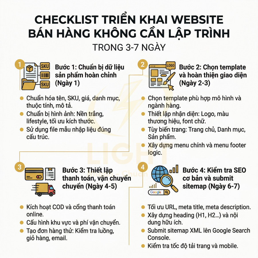 Checklist triển khai website bán hàng không cần lập trình trong 3 đến 7 ngày với 4 bước chi tiết