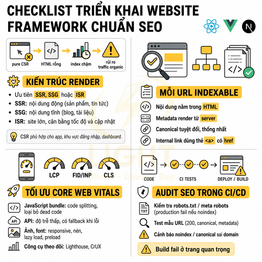 Checklist triển khai website framework chuẩn SEO với hướng dẫn kiến trúc render, index URL, tối ưu Core Web Vitals và audit SEO