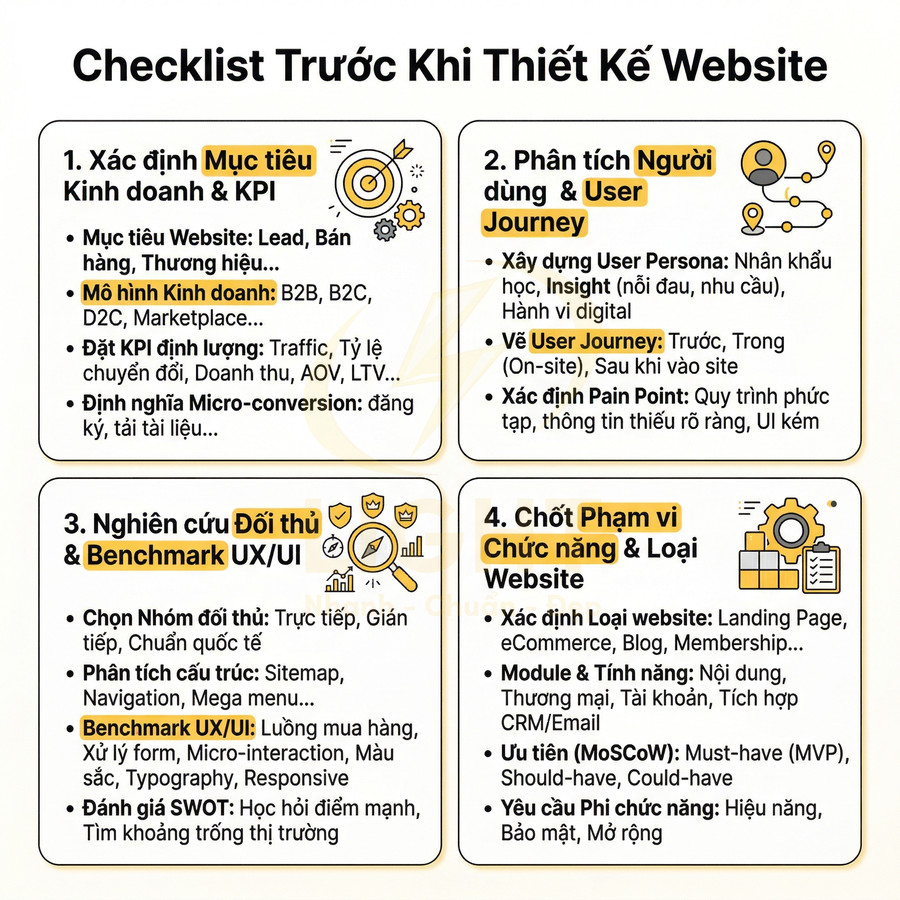 Checklist trước khi thiết kế website với 4 bước xác định mục tiêu, phân tích người dùng, nghiên cứu đối thủ và chốt chức năng