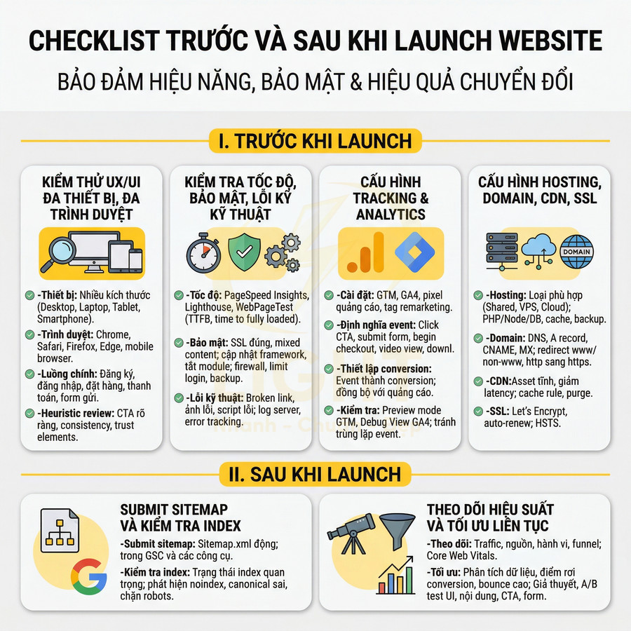 Checklist trước và sau khi launch website tối ưu hiệu năng bảo mật và chuyển đổi bằng các bước kiểm tra và cấu hình chi tiết