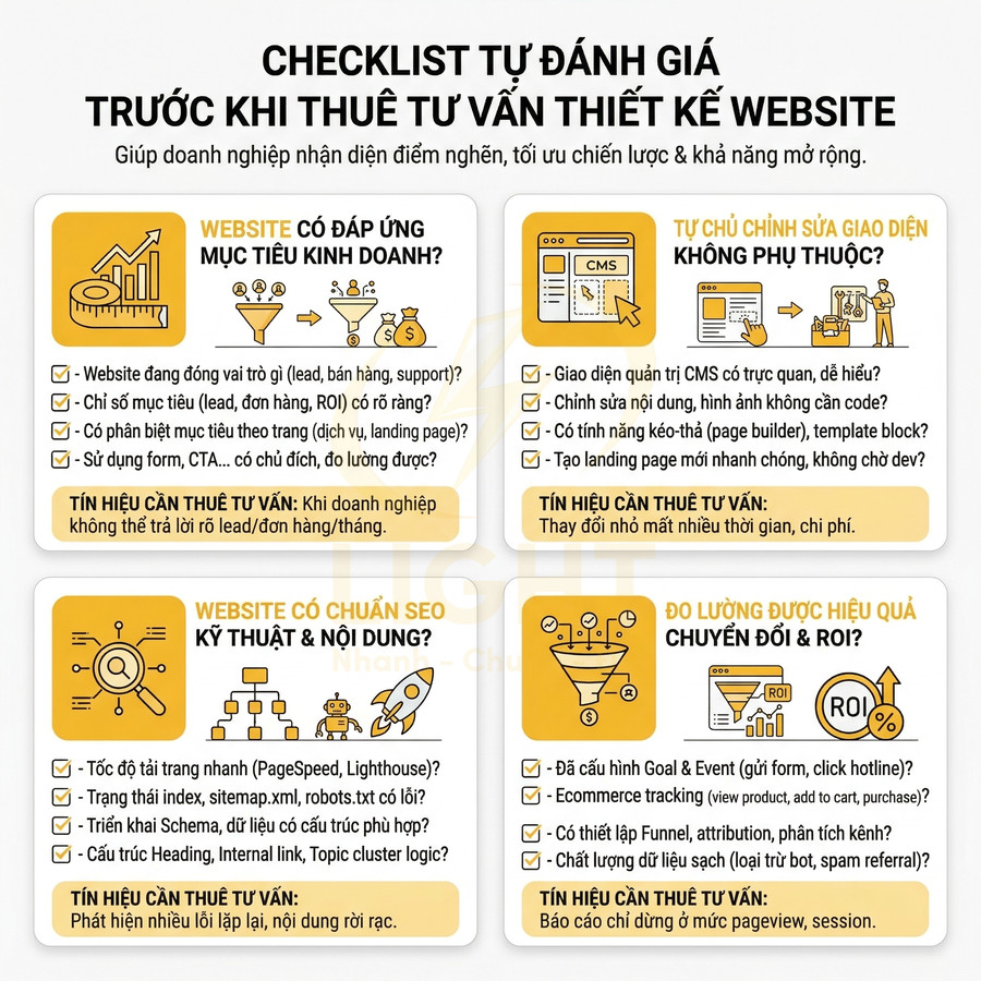 Checklist tự đánh giá trước khi thuê tư vấn thiết kế website với các tiêu chí mục tiêu, SEO, giao diện và đo lường chuyển đổi