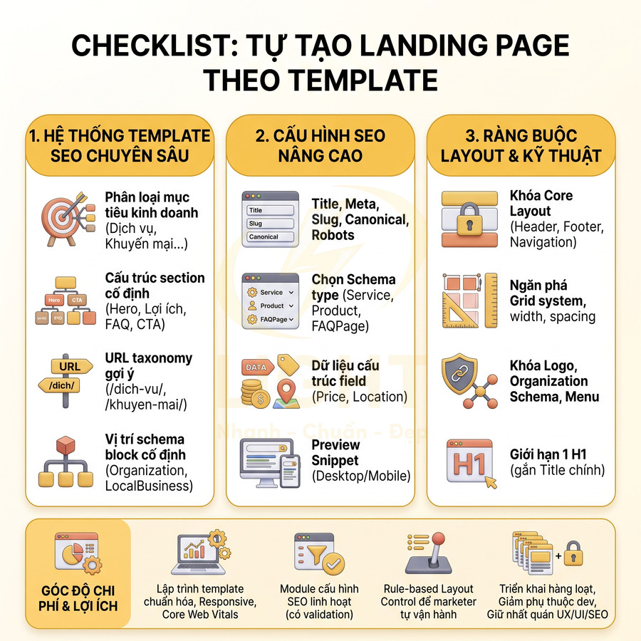 Checklist tự tạo landing page theo template với hệ thống template SEO, cấu hình SEO nâng cao và ràng buộc layout kỹ thuật
