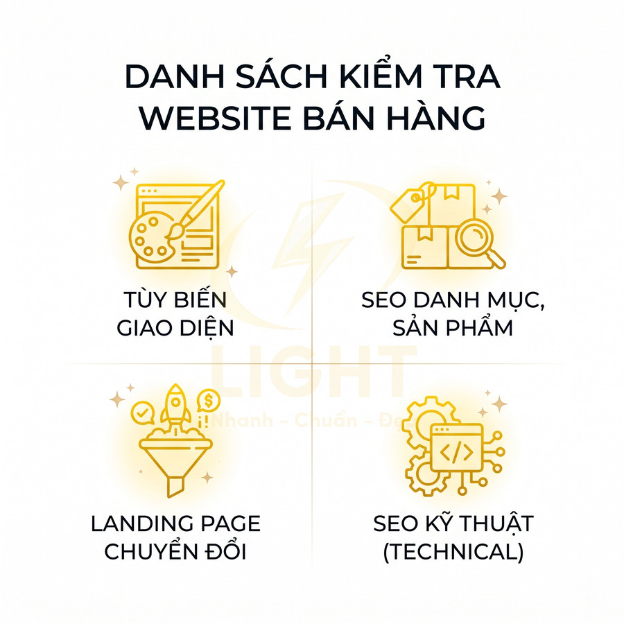 Danh sách kiểm tra tối ưu website bán hàng với tùy biến giao diện, SEO danh mục sản phẩm, landing page chuyển đổi, SEO kỹ thuật