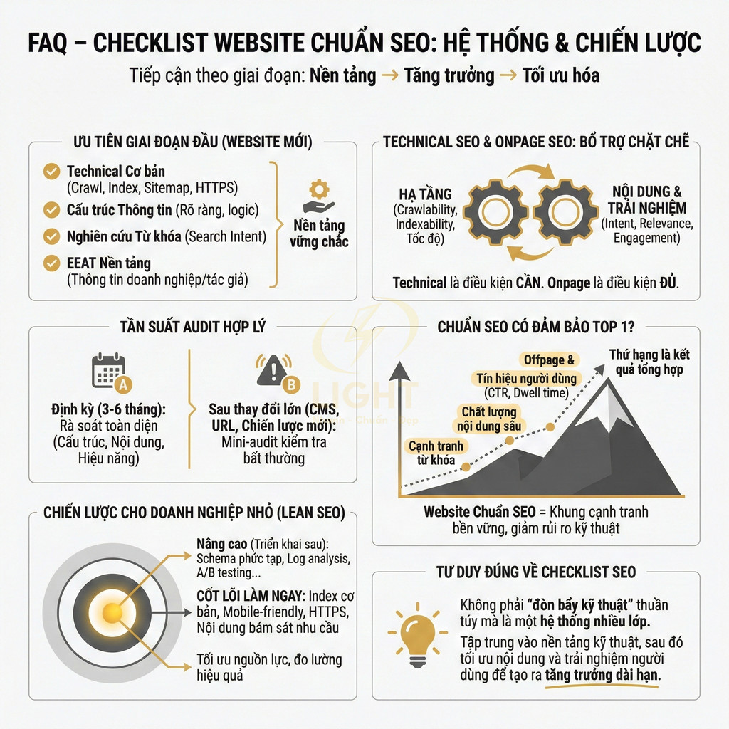 Checklist website chuẩn SEO với các bước tối ưu kỹ thuật, nội dung, chiến lược và tần suất audit hợp lý
