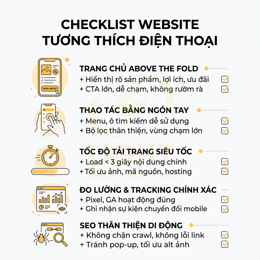 Checklist tối ưu website thân thiện điện thoại với các tiêu chí giao diện, tốc độ tải trang, đo lường và SEO di động
