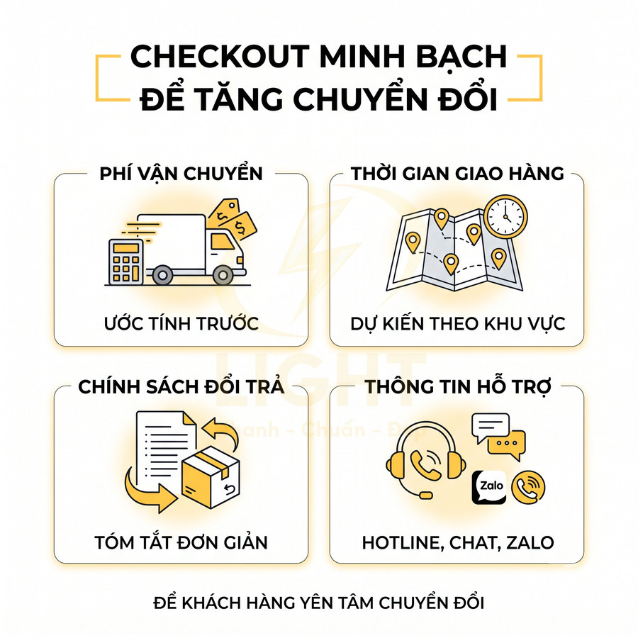 Checklist tối ưu checkout minh bạch với phí vận chuyển, thời gian giao hàng, đổi trả và hỗ trợ khách hàng