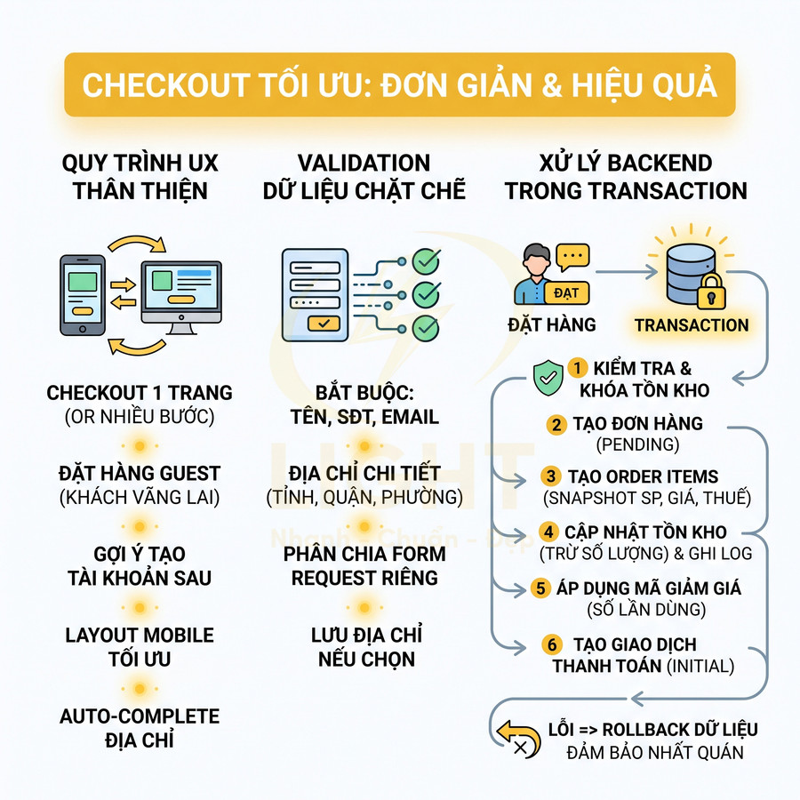 Hướng dẫn tối ưu quy trình checkout đơn giản hiệu quả với UX thân thiện, validation chặt chẽ và xử lý backend transaction