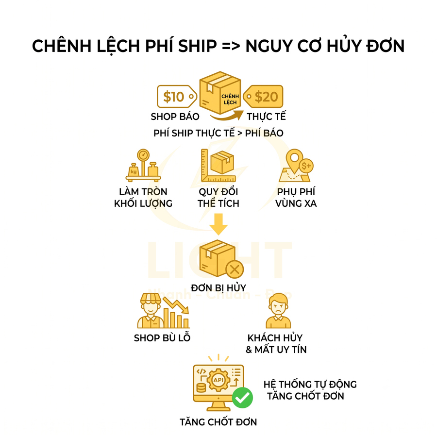 Infographic quy trình chênh lệch phí ship dẫn đến hủy đơn và giải pháp hệ thống tự động tăng chốt đơn