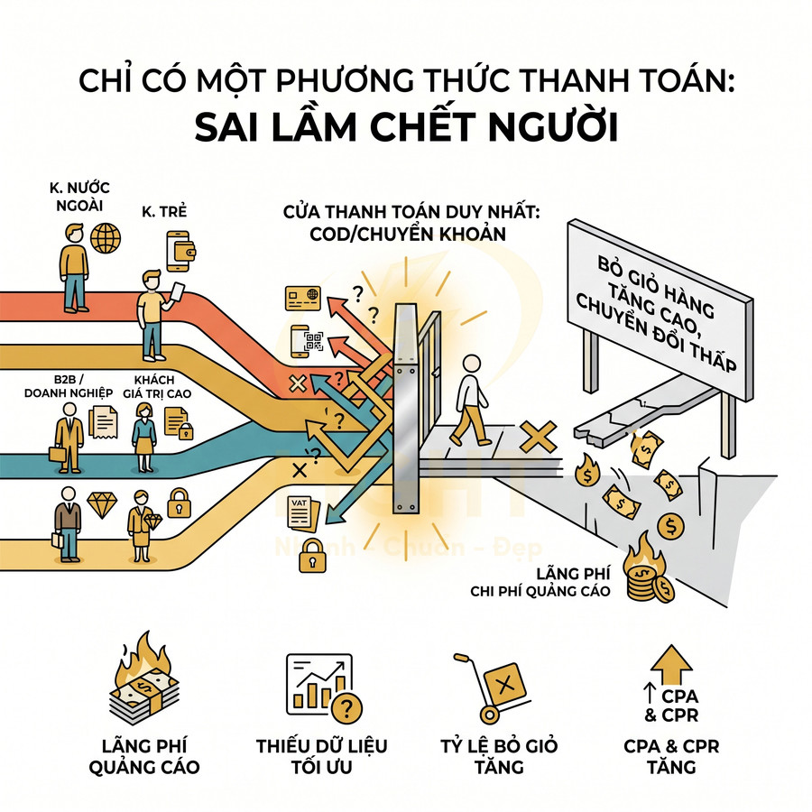 Minh họa hậu quả chỉ dùng một phương thức thanh toán online khiến bỏ giỏ hàng tăng và lãng phí quảng cáo