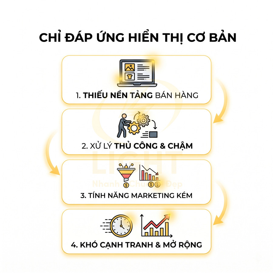 Mô tả hạn chế của giải pháp hiển thị cơ bản: thiếu nền tảng bán hàng, xử lý thủ công, marketing kém, khó cạnh tranh