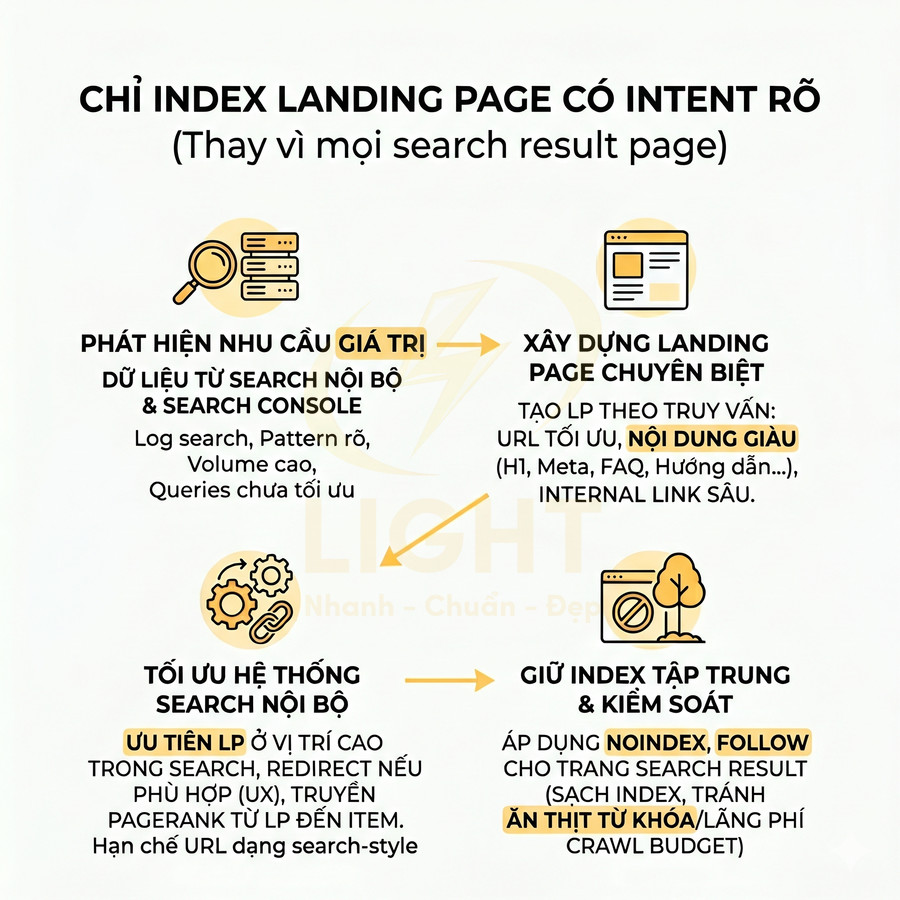 Hướng dẫn SEO chỉ index landing page có intent rõ, tối ưu nội dung, search nội bộ và kiểm soát index